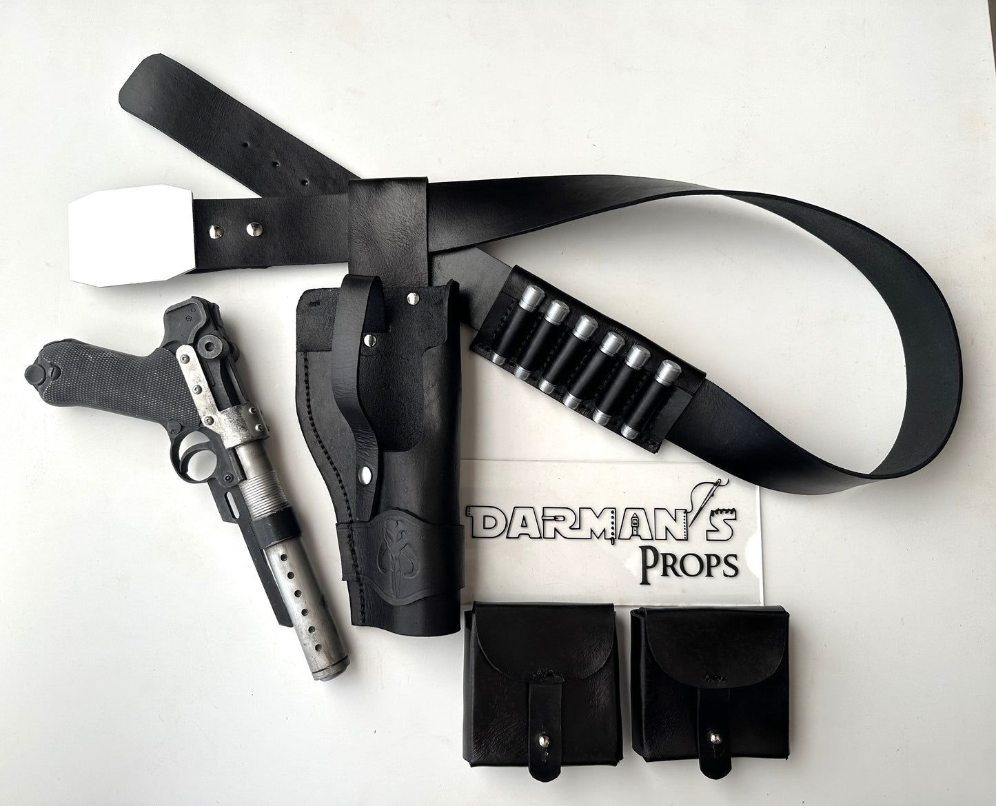Jyn Erso A-180 Single Drop Mandalorian Belt, Holster, and 2 pouch rig w/ Mythosaur Skull Stamp