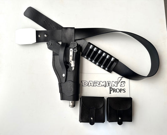 Jyn Erso A-180 Single Drop Mandalorian Belt, Holster, and 2 pouch rig w/ Mythosaur Skull Stamp