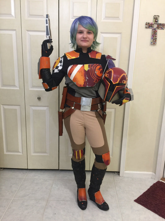 Sabine Wren Double Belt rigs: 2 Holsters, 5 Pouches, and comm holder plus Calf ammo straps